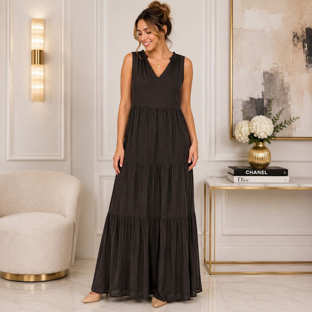 Women's Black Sleeveless V-Neck Tiered Maxi Dress Size Large